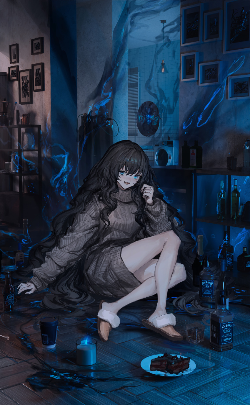1girl absurdres alcohol bangs bare_legs beer_bottle black_hair blue_eyes blue_fire blue_theme bottle cake cake_slice candle cup dress drinking_glass fire food grey_sweater hand_up highres indoors jack_daniel's lm7_(op-center) long_hair long_sleeves on_floor open_mouth original picture_(object) picture_frame plate ribbed_sweater shelf sitting sleeves_past_wrists slippers smile solo sweater sweater_dress turtleneck very_long_hair washing_machine wavy_hair whiskey wide_shot wine_bottle wooden_floor