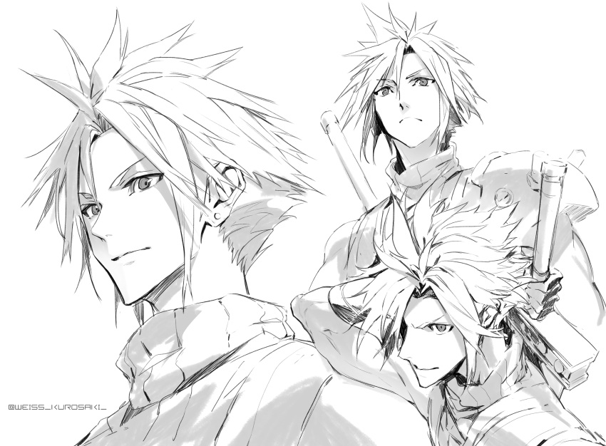 1boy armor asymmetrical_hair buster_sword cloud_strife earrings fighting_stance final_fantasy final_fantasy_vii final_fantasy_vii_remake gloves greyscale hair_between_eyes hair_over_one_eye highres jewelry legacy_zechs monochrome multiple_views muscular muscular_male portrait shoulder_armor single_earring sleeveless sleeveless_turtleneck spiky_hair suspenders turtleneck upper_body weapon weapon_on_back white_background