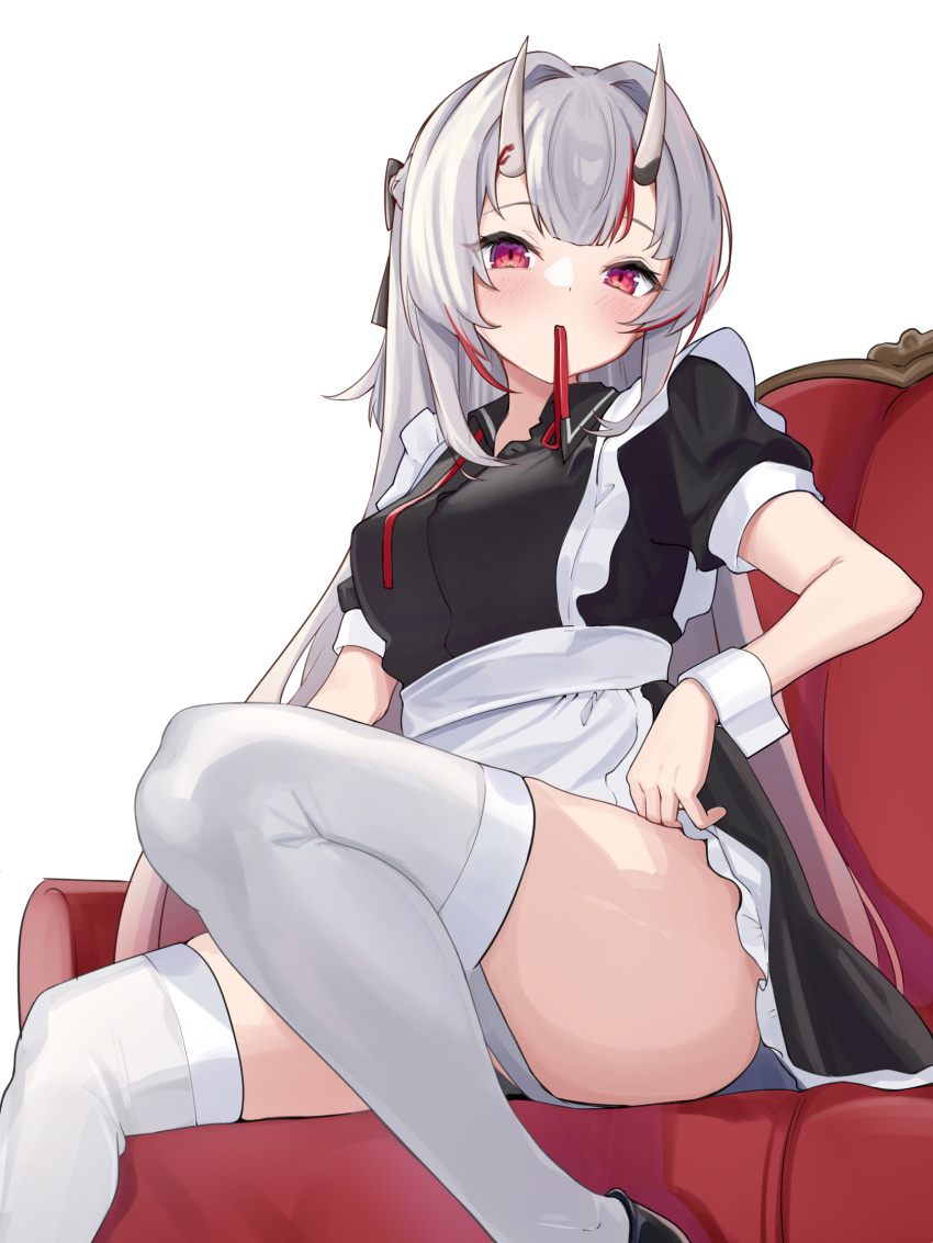 1girl alternate_costume blush breasts couch enmaided highres hitachi_sou hololive horns long_hair looking_at_viewer maid mouth_hold multicolored_hair nakiri_ayame red_eyes redhead ribbon simple_background sitting small_breasts solo streaked_hair thigh-highs virtual_youtuber white_background white_hair white_legwear wrist_cuffs