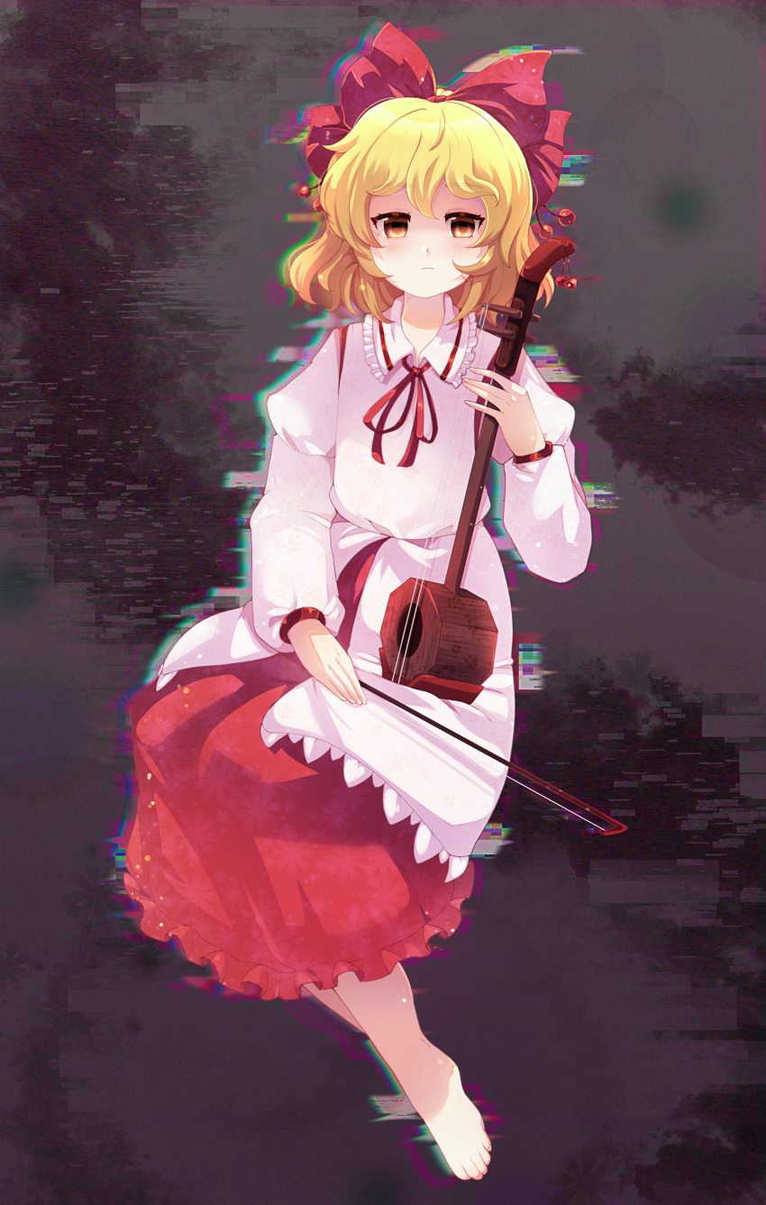 1girl :| absurdres barefoot blonde_hair bow bow_(music) chromatic_aberration closed_mouth collared_shirt commentary_request detached_sleeves dungeon_toaster english_commentary erhu expressionless eyebrows_visible_through_hair frilled_shirt_collar frilled_skirt frills full_body hair_bow highres holding holding_instrument instrument japanese_clothes juliet_sleeves kariginu long_sleeves looking_at_viewer medium_hair mixed-language_commentary music playing_instrument puffy_sleeves red_bow red_ribbon red_skirt ribbon satsuki_rin shirt skirt solo toes touhou white_shirt yellow_eyes