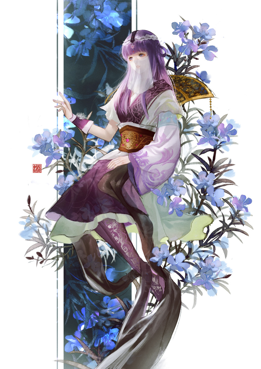 1girl absurdres asymmetrical_sleeves flower hair_ornament hair_rings hand_on_lap highres long_hair looking_ahead mismatched_sleeves purple_hair qin_shi_ming_yue shao_siming_(qin_shi_ming_yue) shao_siming_guang_wei sitting solo thigh-highs tree veil