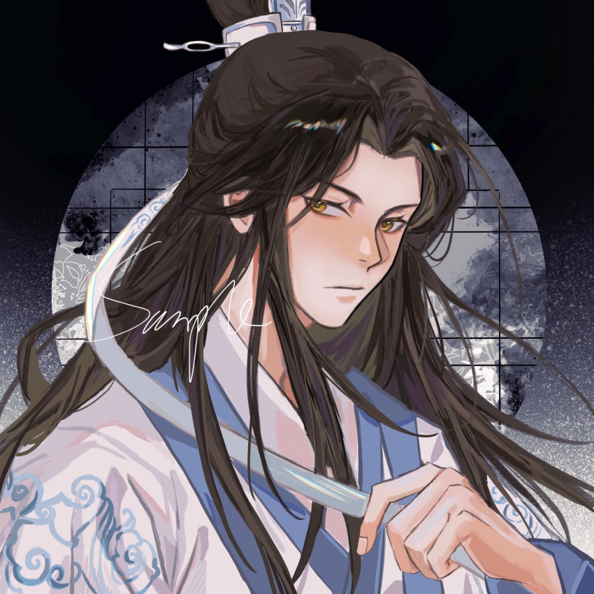 1boy black_hair chinese_clothes chinese_commentary closed_mouth commentary_request hair_ornament hanfu highres holding lan_wangji long_hair long_sleeves looking_to_the_side male_focus mo_dao_zu_shi siiideee solo white_robe xiao_guan_(headdress) yellow_eyes