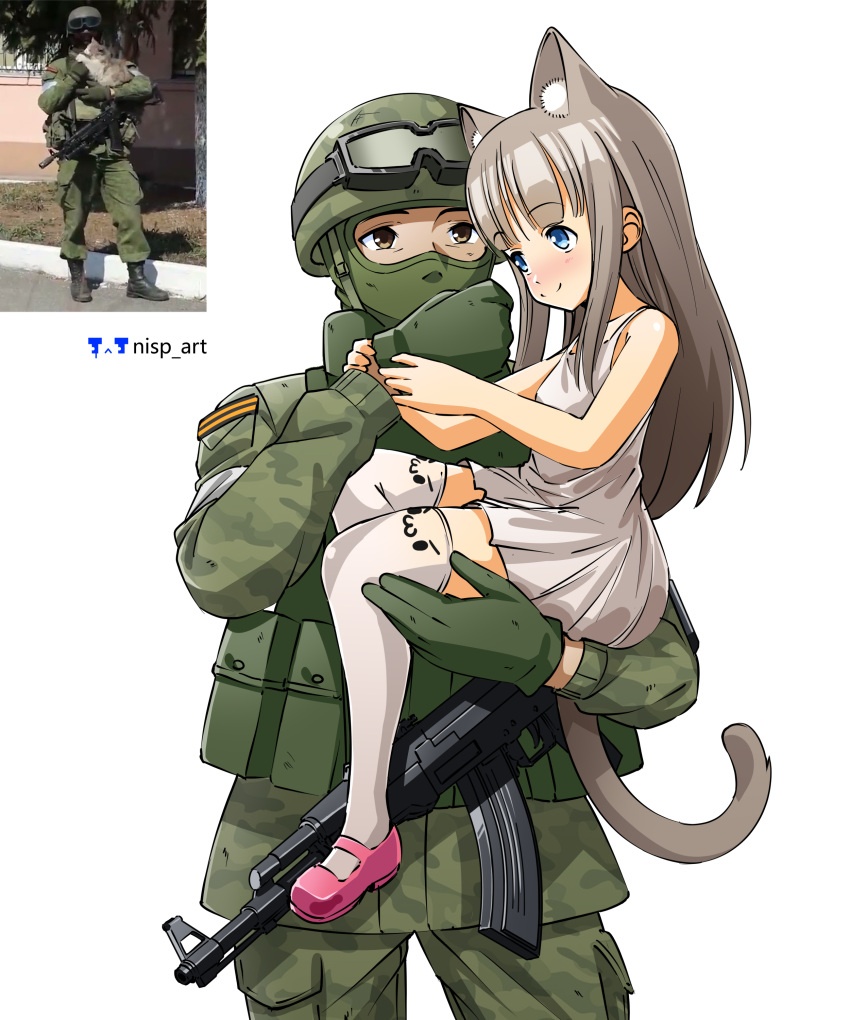 1boy 1girl absurdres animal_ears artist_name balaclava blue_eyes brown_eyes brown_hair carrying carrying_person cat_ears cat_tail child cowboy_shot dress gloves grey_dress grey_legwear helmet highres kalashnikov_rifle military military_uniform nisp_art original personification photo-referenced photo_inset pink_footwear reference_inset ribbon_of_saint_george russian_commentary shoes simple_background tail thigh-highs uniform