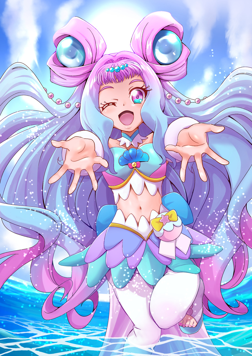 1girl absurdres back_bow bag bare_shoulders blue_choker blue_nails blue_sky bow breasts choker clouds crop_top cure_la_mer eyelash_ornament heart heart_in_eye highres laura_la_mer layered_skirt leggings long_hair looking_at_viewer magical_girl midriff multicolored_eyes ocean open_mouth outdoors pearl_hair_ornament precure skirt sky sleeveless smile solo standing standing_on_one_leg sun symbol_in_eye thick_eyelashes tirofinire tropical-rouge!_precure water white_sleeves