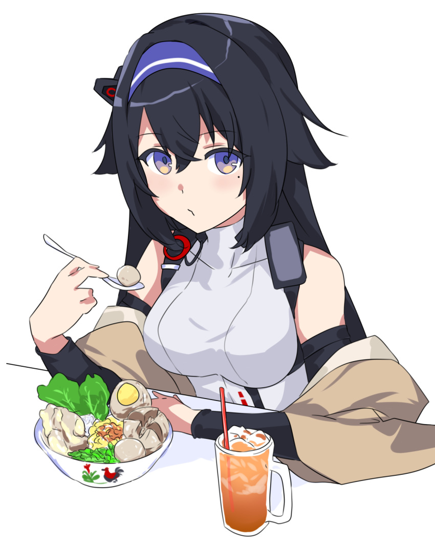 1girl bangs bare_shoulders black_hair breasts closed_mouth detached_sleeves expressionless food food_bowl girls_frontline hairband headband highres holding holding_spoon jacket large_breasts long_hair looking_at_viewer mod3_(girls'_frontline) mole mole_under_eye off_shoulder salad shirt simple_background solo spoon super_sass_(girls'_frontline) upper_body vanna violet_eyes white_background white_shirt