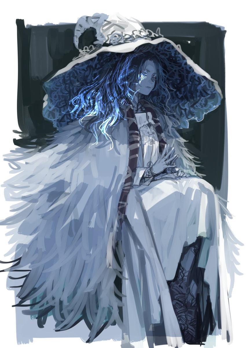 1girl absurdres blue_eyes blue_hair blue_skin cape cloak colored_skin cracked_skin dress elden_ring extra_arms extra_faces fur_cape fur_cloak hat hat_ornament highres ikuhana_niiro large_hat ranni_the_witch robe sitting white_background witch witch_hat