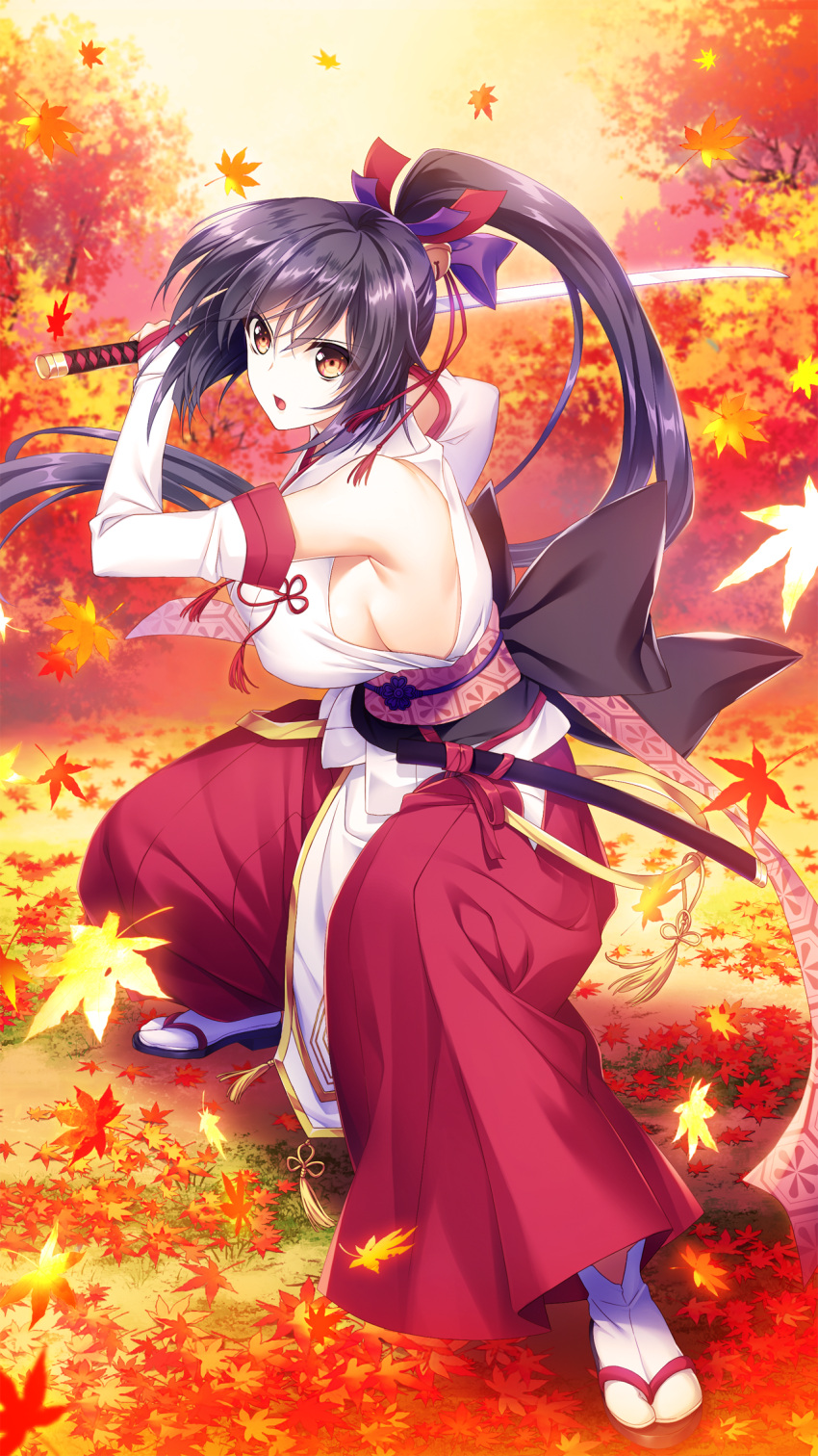 1girl bell black_bow black_hair bow breasts brown_eyes detached_sleeves full_body hair_bell hair_bow hair_ornament hair_ribbon hakama highres holding holding_sword holding_weapon japanese_clothes large_breasts leaf long_hair looking_at_viewer maple_leaf obi open_mouth outdoors ponytail purple_bow red_hakama ribbon sandals sash senkou_no_clarias sideboob solo suzuhira_hiro sword tabi tachibana_yakumo tree weapon white_legwear