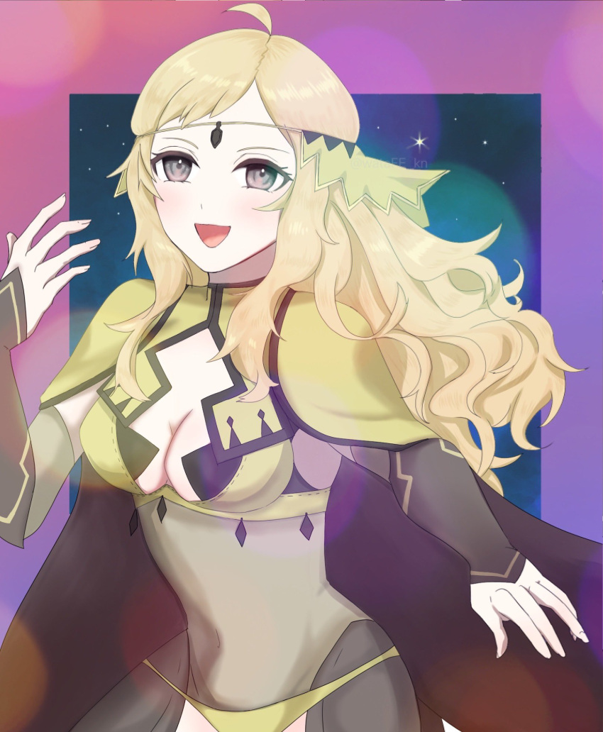 1girl ahoge asymmetrical_bangs bangs blonde_hair bodystocking breasts bridal_gauntlets cape circlet covered_navel fire_emblem fire_emblem_fates grey_eyes highres long_hair medium_breasts open_mouth ophelia_(fire_emblem) turtleneck watafe_kn