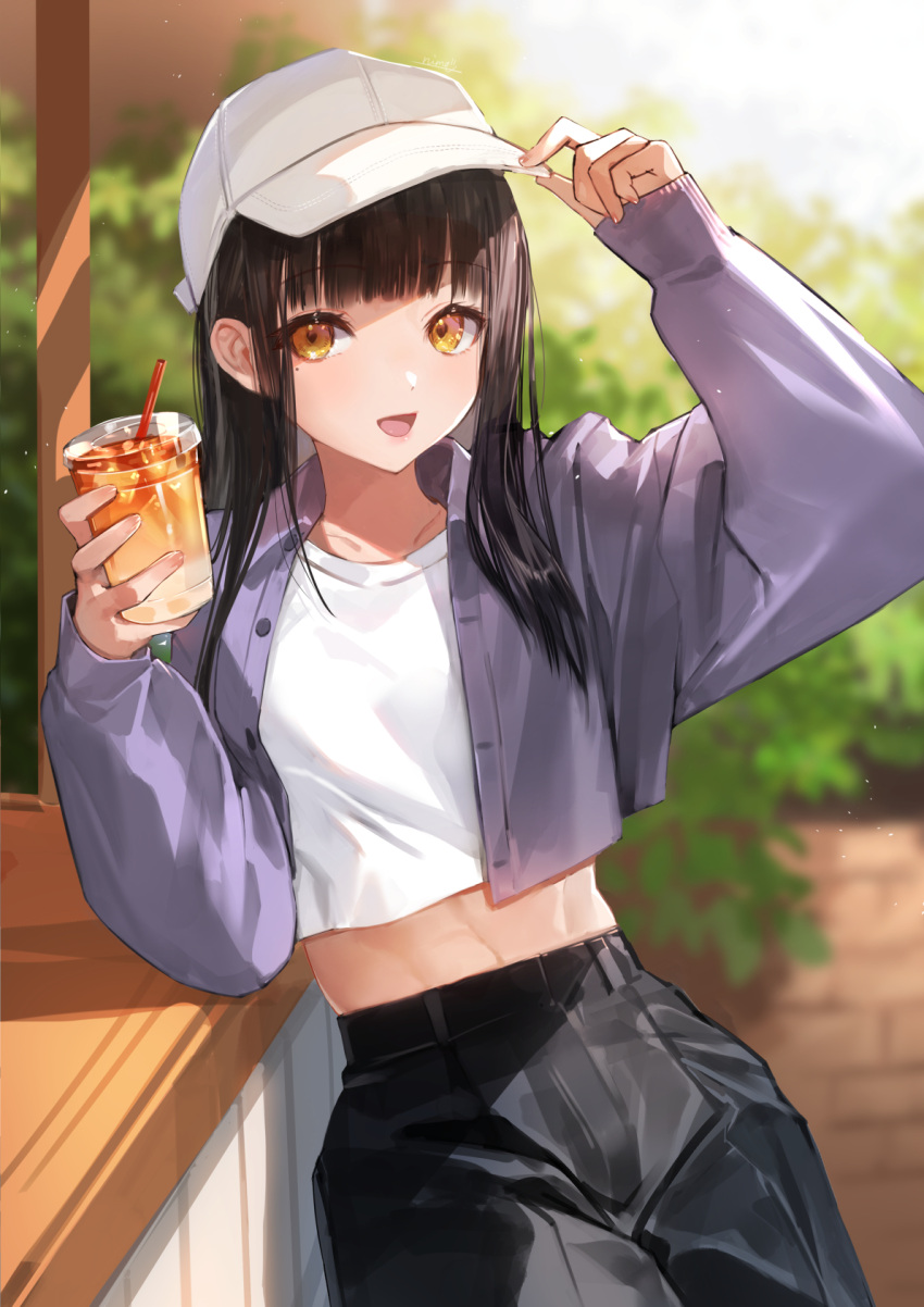 1girl :d arm_up bangs baseball_cap black_hair black_pants blurry blurry_background brick_wall brown_eyes commentary_request cup depth_of_field disposable_cup drinking_straw eyebrows_visible_through_hair hand_on_headwear hat highres holding holding_cup jacket long_hair long_sleeves looking_at_viewer midriff navel nima_(niru54) open_clothes open_jacket original pants puffy_long_sleeves puffy_sleeves purple_jacket sleeves_past_wrists smile solo white_headwear