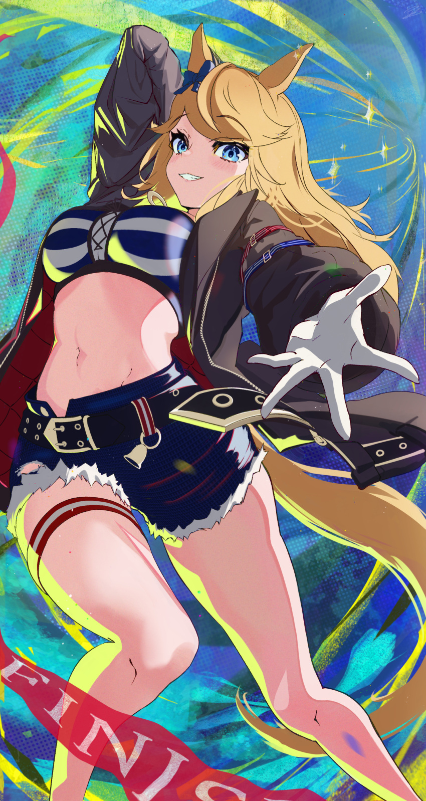 1girl absurdres animal_ears arm_up bandeau bangs belt black_belt blonde_hair blue_eyes blush bow breasts chain commentary_request cutoffs denim denim_shorts ear_bow ear_ornament eyebrows_visible_through_hair gloves gold_chain gold_city_(umamusume) grin groin highres horse_ears horse_girl horse_tail jacket long_hair long_sleeves looking_at_viewer mashiro_(0428) medium_breasts midriff multicolored_background navel open_clothes open_jacket short_shorts shorts sidelocks smile solo standing striped_bandeau swept_bangs tail teeth thigh_strap umamusume white_gloves