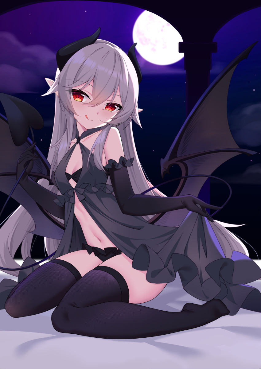 1girl absurdres bare_shoulders black_gloves black_legwear breasts demon_girl demon_tail elbow_gloves full_moon gloves grey_hair hair_between_eyes highres holding_own_tail holding_tail licking_lips low_wings moon navel night original pointy_ears red_eyes rx7649 small_breasts solo tail thigh-highs tongue tongue_out wings