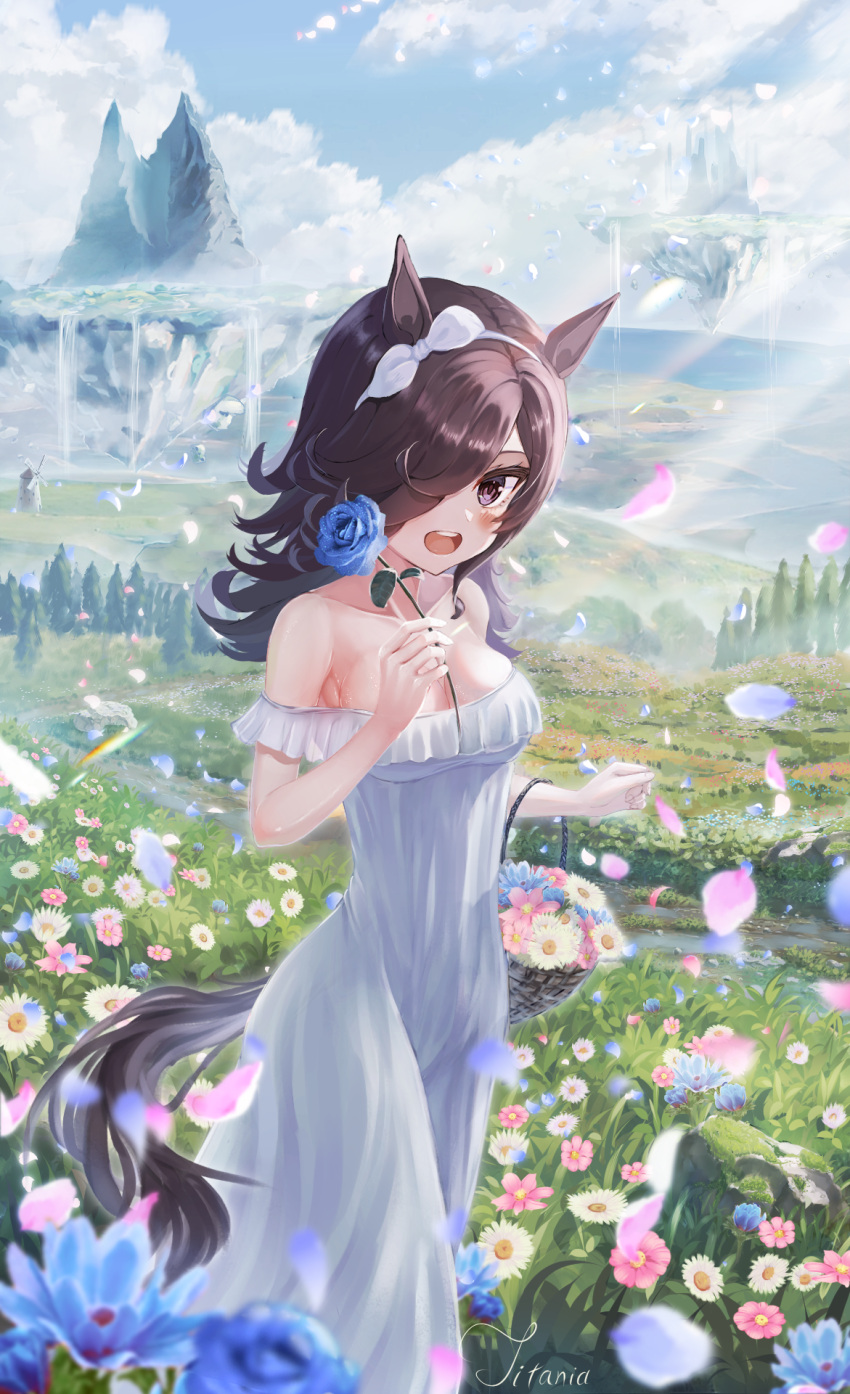 1girl animal_ears artist_name basket blue_flower blue_rose blush breasts brown_hair clouds dress floating_island flower grass hair_over_one_eye hairband highres horse_ears horse_girl horse_tail large_breasts long_hair off-shoulder_dress off_shoulder one_eye_covered open_mouth petals rice_shower_(umamusume) rose sky solo tail titania_lifeart tree umamusume violet_eyes white_dress