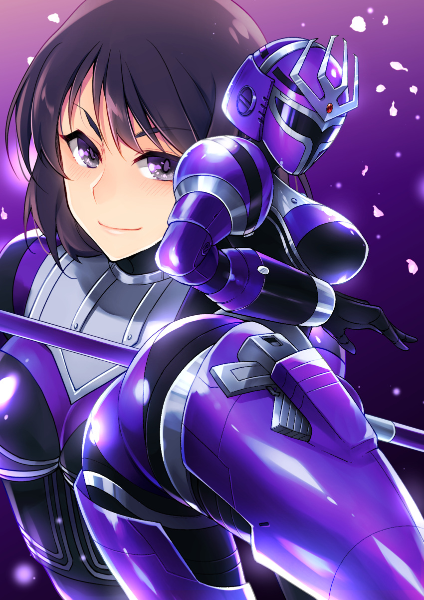 1girl armor ass ayukawa_ran b-fighter_kabuto b-fighter_tentou bangs black_gloves blush breasts eyebrows_visible_through_hair gloves hair_behind_ear helmet highres looking_at_viewer medium_breasts metal_hero multiple_views open_hand petals purple_background shapiro short_hair smile tokusatsu violet_eyes visor