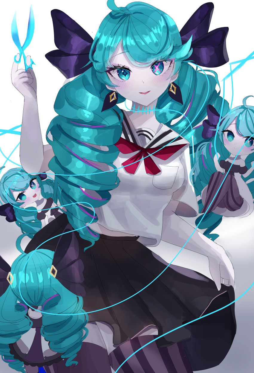1girl absurdres ahoge alternate_costume aqua_eyes aqua_hair bare_shoulders black_skirt blush bow closed_mouth diamond-shaped_pupils diamond_(shape) drill_hair eyebrows_visible_through_hair eyeshadow gwen_(league_of_legends) hair_bow highres holding holding_scissors league_of_legends long_hair looking_at_viewer makeup multicolored_hair neckerchief off_shoulder open_mouth pink_pupils puppet_strings purple_bow purple_eyeshadow purple_hair red_neckerchief school_uniform scissors serafuku skirt smile solo string striped striped_legwear symbol-shaped_pupils teeth thigh-highs tongue twin_drills twintails upper_teeth wellski x-shaped_pupils