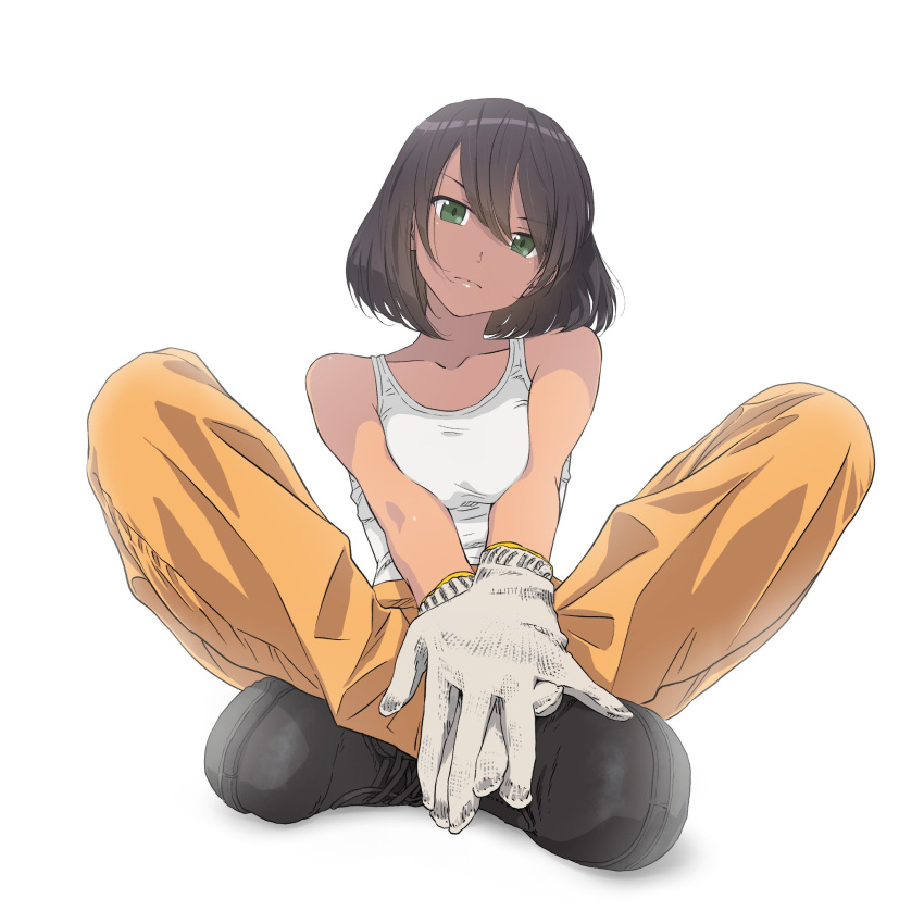 1girl akagi_(fmttps) bangs barefoot between_legs black_hair bob_cut breasts collarbone commentary_request crossed_legs dark-skinned_female dark_skin feet foreshortening frown full_body girls_und_panzer gloves green_eyes hand_between_legs hands_on_feet head_tilt highres hoshino_(girls_und_panzer) jumpsuit medium_breasts navel orange_jumpsuit short_hair simple_background sitting solo swept_bangs toes white_background white_gloves