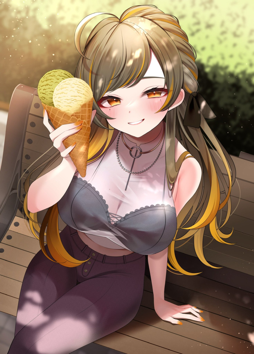 1girl ahoge arm_support bangs bare_shoulders black_bow black_bra blonde_hair blurry blurry_background blush bow bra breasts commentary_request crop_top crossed_legs food grey_hair hair_bow hand_up highres holding holding_food ice_cream ice_cream_cone jewelry large_breasts lips long_hair looking_at_viewer midriff mole mole_on_breast mole_under_eye multicolored_hair nail_polish namagome_negi necklace on_bench orange_eyes orange_nails original outdoors pants parted_lips pearl_necklace see-through_shirt shirt sitting sleeveless sleeveless_shirt solo streaked_hair two-tone_hair underwear very_long_hair