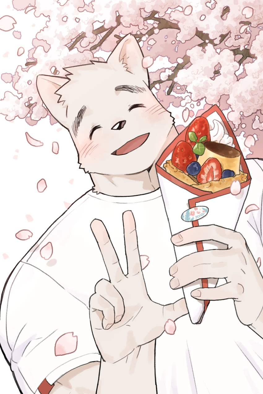 1boy absurdres animal_ears blush cherry_blossoms closed_eyes commentary crepe english_commentary food fruit furry furry_male highres male_focus muscular muscular_male open_mouth shirt smile sticker strawberry syukapong t-shirt v whipped_cream white_shirt