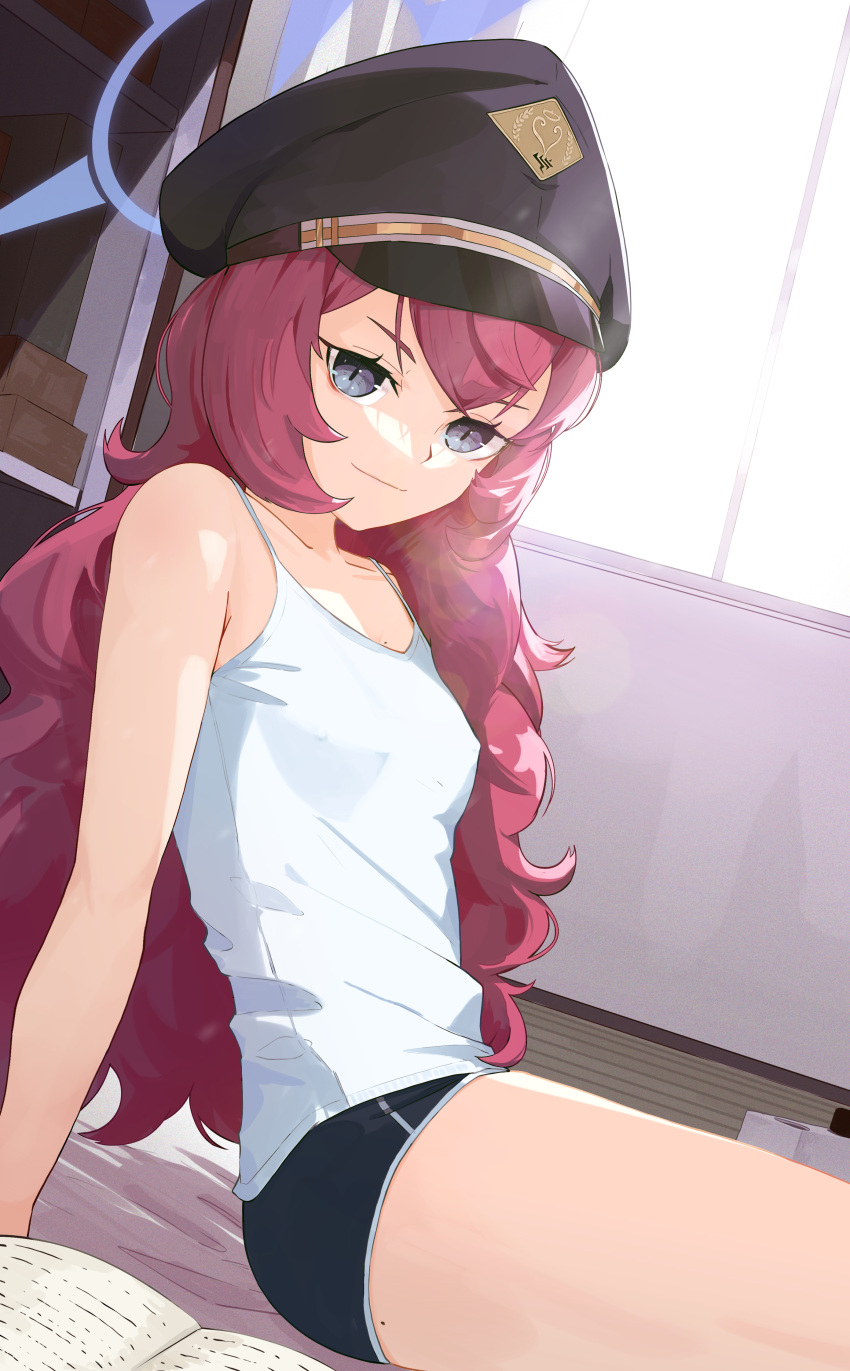 1girl absurdres arm_support bangs black_eyes black_headwear blue_archive book breasts camisole eyebrows_visible_through_hair hair_between_eyes halo hat hat_ribbon highres indoors iroha_(blue_archive) long_hair looking_at_viewer military military_hat necktie ribbon ryeon_(bluetom1) shelf shirt shorts sitting small_breasts solo thighs window