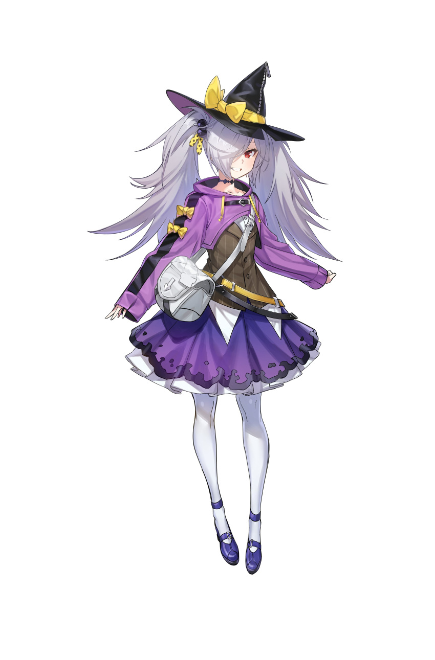 1girl absurdres alternate_costume bag bangs belt blush bow child choker controlline3 counter:side cropped_jacket drawstring flipped_hair full_body gremory_(counter:side) grey_hair grin hair_bobbles hair_ornament hair_over_one_eye hat hat_bow highres jacket long_hair long_sleeves looking_at_viewer loose_belt mixed-language_commentary pinstripe_pattern purple_footwear purple_jacket purple_skirt red_eyes shade shirt shoulder_bag simple_background skirt sleeves_past_wrists smile solo standing star-shaped_pupils star_(symbol) strappy_heels striped symbol-shaped_pupils teeth twintails underskirt white_background white_bag white_legwear white_shirt witch witch_hat yellow_bow younger zipper zipper_pull_tab