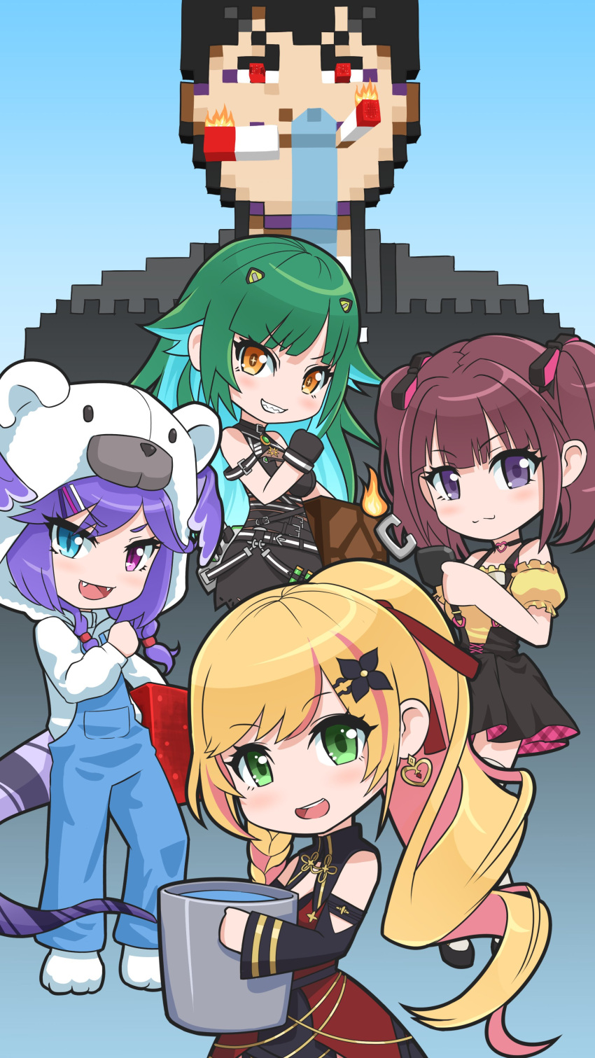 4girls absurdres animal_costume bear_costume black_bow black_dress black_gloves black_skirt blonde_hair blue_eyes bow braid bucket chibi clenched_hands colored_inner_hair dragon_tail dress gloves green_eyes green_hair hair_behind_ear hair_bow head_wings heterochromia highres holding holding_bucket jigoku_inu kitakouji_hisui lee_roha looking_at_viewer medium_hair minecraft multicolored_hair multiple_girls nijisanji nijisanji_en nijisanji_kr off-shoulder_shirt off_shoulder overalls pink_hair ponytail red_dress seffyna selen_tatsuki shirt skirt smile streaked_hair suspenders tail tazumi_riku twin_braids twintails violet_eyes virtual_youtuber water yellow_shirt