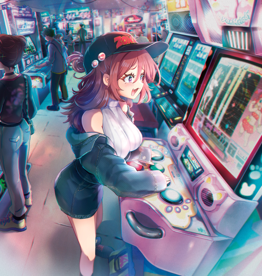 arcade badge bare_shoulders baseball_cap breasts button_badge english_text fang from_side hair_between_eyes hat highres indoors jacket kamiya_zuzu large_breasts long_hair looking_at_screen miniskirt open_clothes open_jacket open_mouth original pencil_skirt redhead ribbed_sweater shoes skirt sleeveless sleeveless_sweater sleeves_past_wrists smile sneakers solo_focus sparkling_eyes sweater turtleneck turtleneck_sweater violet_eyes white_sweater