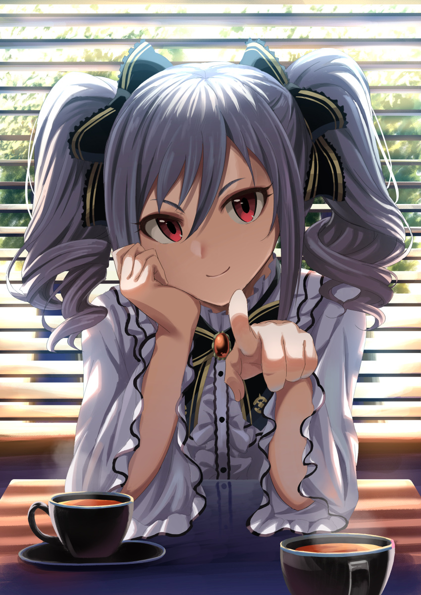 1girl absurdres bangs black_bow black_bowtie black_ribbon bow bowtie coffee coffee_cup cup disposable_cup drill_hair frilled_shirt frills grey_hair hair_ribbon highres idolmaster idolmaster_cinderella_girls kanzaki_ranko long_bangs long_hair long_sleeves looking_at_viewer red_eyes ribbon shirt skirt smile solo takatsuki_p twin_drills twintails white_skirt window