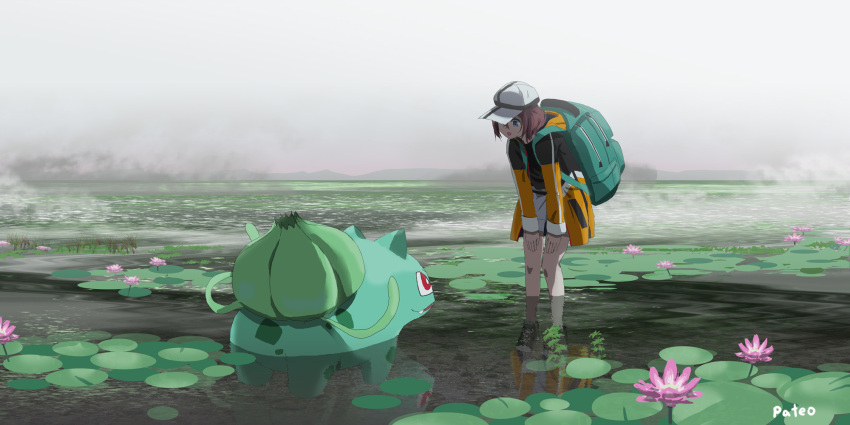 1girl backpack bag bangs blue_eyes bulbasaur coat commentary fog green_bag grey_legwear hands_on_own_thighs hat highres hood hood_down hooded_coat leaning_forward lily_pad looking_down open_clothes open_coat open_mouth outdoors pateo pokemon pokemon_(creature) reflection shoes signature smile sneakers socks wading white_headwear