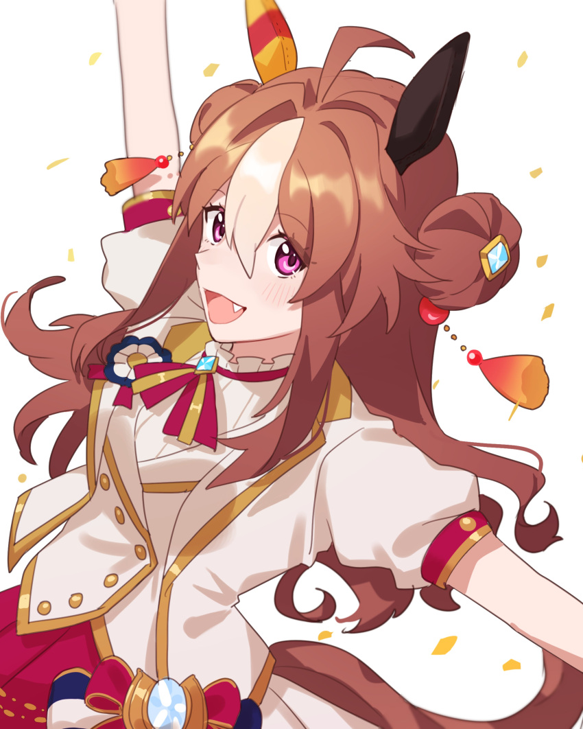1girl absurdres ahoge animal_ears bangs blush brown_hair coi_uota confetti copano_rickey_(umamusume) double_bun fang hair_between_eyes hair_ornament highres horse_ears horse_girl jacket looking_at_viewer multicolored_hair open_mouth outstretched_arms puffy_short_sleeves puffy_sleeves shirt short_sleeves smile solo two-tone_hair umamusume upper_body vest violet_eyes white_jacket white_shirt white_vest