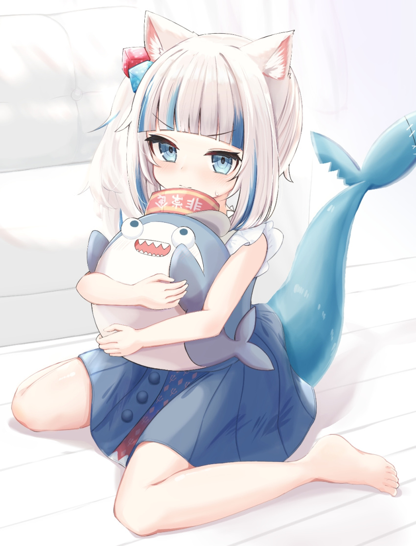 1girl animal_ears artist_request bangs barefoot bloop_(gawr_gura) blue_eyes blue_hair blunt_bangs blush casual cat_ears couch dice_hair_ornament dress fish_tail gawr_gura hair_ornament highres hololive hololive_english long_hair looking_at_viewer multicolored_hair object_hug pout shark_tail side_ponytail streaked_hair tail two-tone_hair white_hair