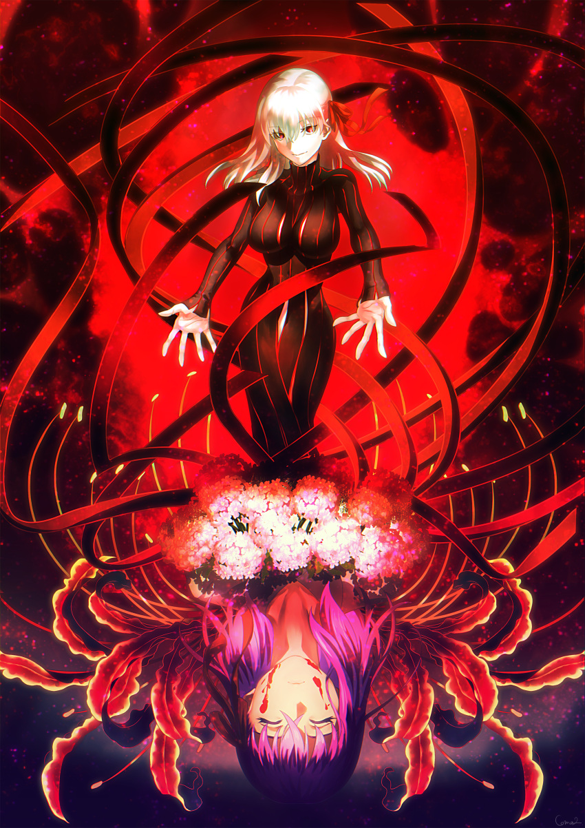 2girls absurdres blood blood_on_face breasts closed_eyes coma2 dark_persona dark_sakura fate/stay_night fate_(series) flower hair_between_eyes heaven's_feel highres large_breasts long_hair looking_at_viewer matou_sakura multiple_girls outstretched_arms red_eyes red_ribbon ribbon smile violet_eyes white_hair