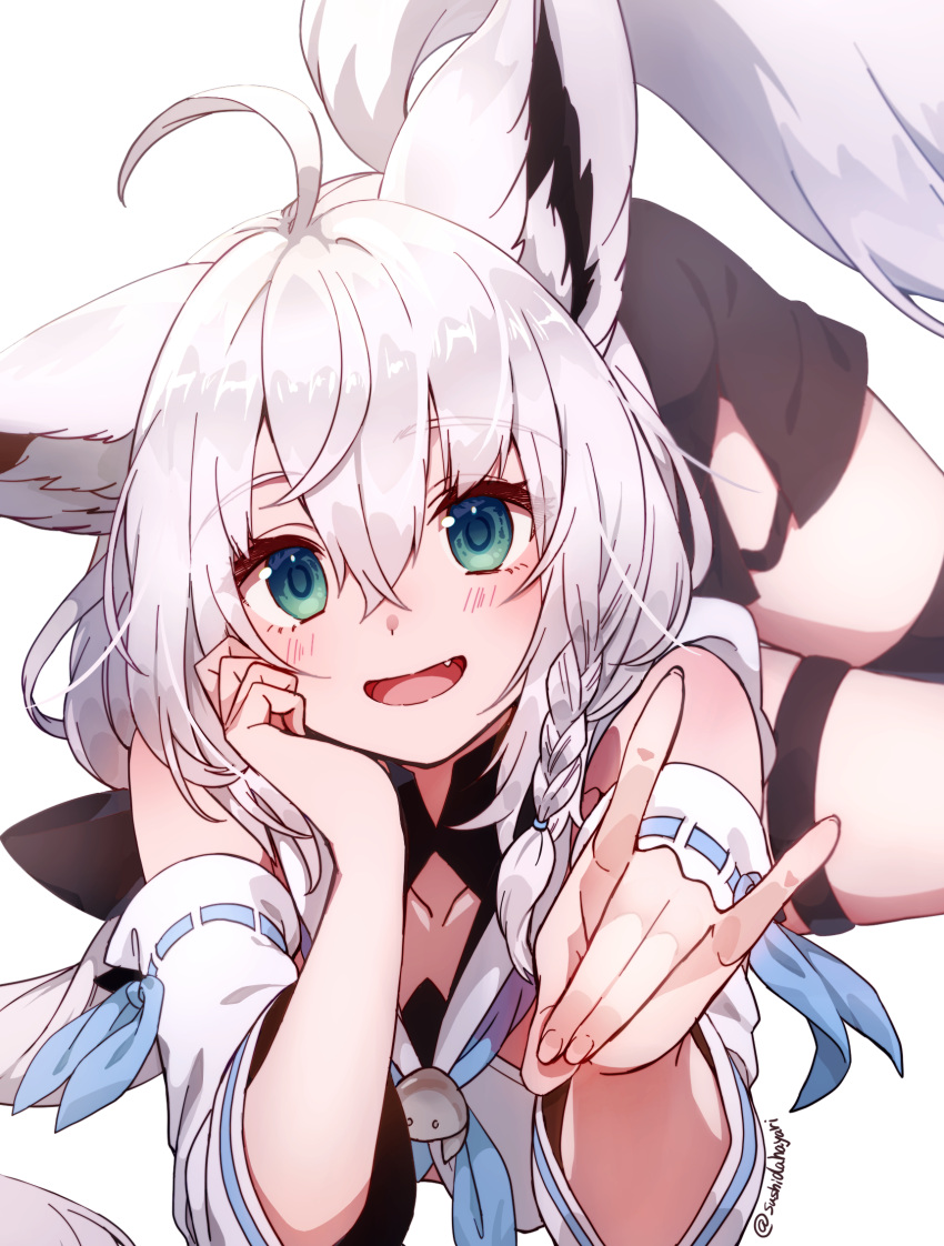 1girl ahoge animal_ear_fluff animal_ears aqua_eyes bangs black_legwear black_shorts blue_neckerchief blush braid detached_sleeves eyebrows_visible_through_hair fang fox_ears fox_girl fox_shadow_puppet fox_tail front_slit hair_between_eyes hand_on_own_cheek hand_on_own_face highres hololive long_hair long_sleeves looking_at_viewer lying neckerchief on_side open_mouth ribbon-trimmed_sleeves ribbon_trim shirakami_fubuki short_shorts shorts simple_background single_thighhigh smile solo sushida_hayari tail thigh-highs thigh_strap virtual_youtuber white_background white_hair white_sleeves wide_sleeves