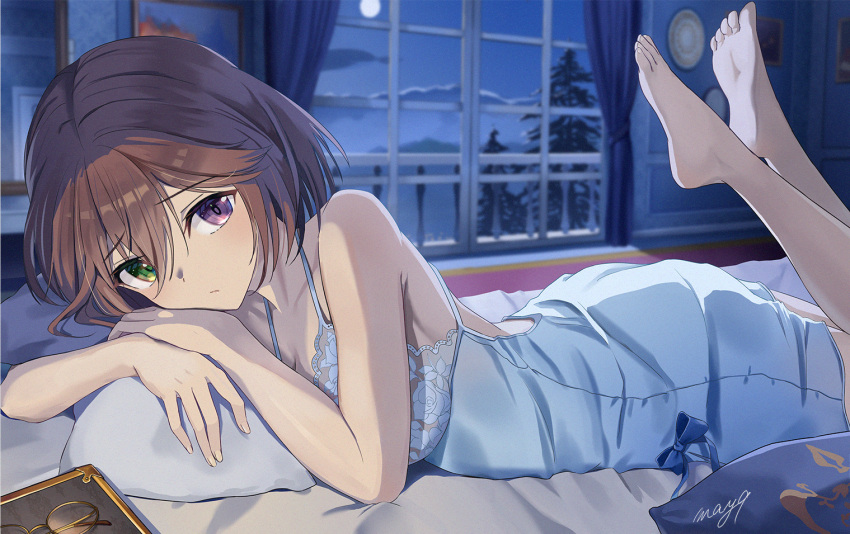1girl bangs bare_shoulders barefoot bed book breasts brown_hair collarbone commission dress green_eyes heterochromia indoors lace large_breasts looking_at_viewer m.a.y. moon night original parted_bangs skeb_commission soles solo sundress toes violet_eyes white_dress window