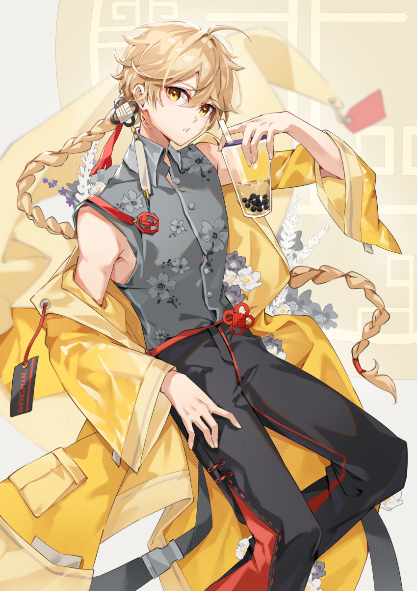 1boy absurdres aether_(genshin_impact) ahoge alternate_costume bangs blonde_hair braid bubble_tea chinese_clothes coat cup disposable_cup floral_print flower genshin_impact hair_between_eyes hair_ornament highres holding holding_cup long_hair long_sleeves looking_at_viewer open_clothes open_coat pants parted_lips simple_background single_braid solo very_long_hair wide_sleeves yellow_coat yellow_eyes yuitonoel