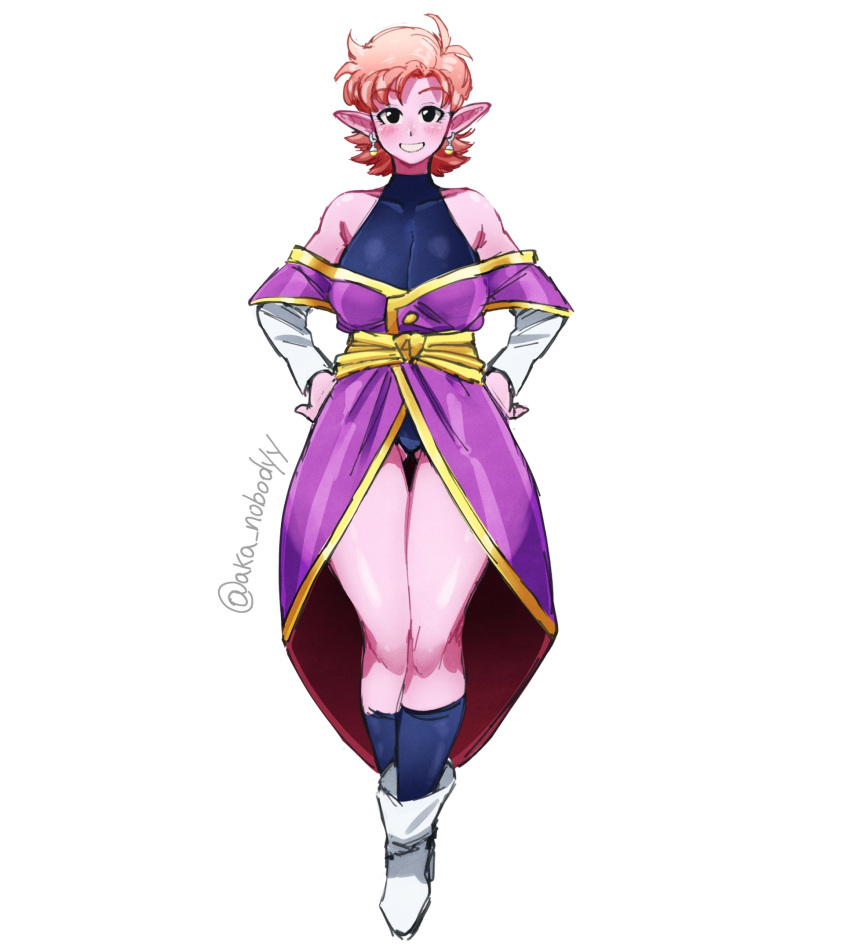 1girl aka_nobodyy ass_visible_through_thighs bare_shoulders black_eyes boots breasts chronoa colored_skin dragon_ball dragon_ball_xenoverse earrings eyebrows eyelashes facing_viewer floating full_body grin hands_on_hips highres jewelry light_blush looking_at_viewer orange_hair pink_skin pointy_ears potara_earrings short_hair simple_background smile twitter_username white_background white_footwear