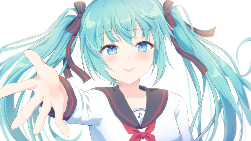 1girl bangs black_bow black_sailor_collar blue_eyes blue_hair bow closed_mouth collarbone eighth_note eyebrows_visible_through_hair hair_between_eyes hair_bow hatsune_miku highres long_hair long_sleeves looking_at_viewer musical_note musical_note_print nagare_yoshimi neckerchief red_neckerchief sailor_collar school_uniform serafuku shirt simple_background smile solo striped striped_bow twintails upper_body vocaloid white_background white_shirt