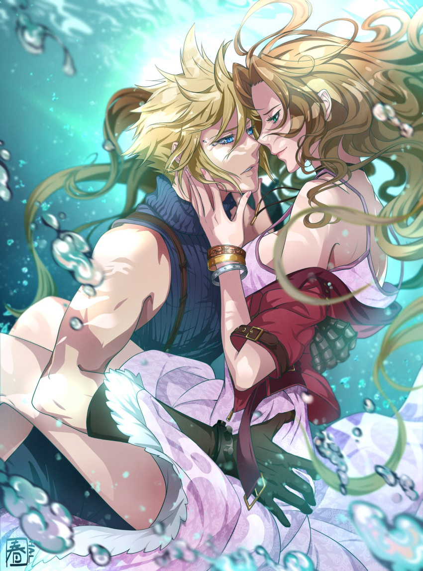 1boy 1girl aerith_gainsborough air_bubble armor bangs bare_shoulders belt blonde_hair blue_eyes blue_shirt bracelet breasts bubble choker clothes_lift cloud_strife couple cropped_jacket crying dress dress_lift final_fantasy final_fantasy_vii final_fantasy_vii_remake gloves green_eyes hair_between_eyes hair_down halu-ca hand_on_another's_back hand_on_another's_hip hands_on_another's_face highres jacket jacket_partially_removed jewelry long_dress long_hair medium_breasts parted_bangs parted_lips pink_dress red_jacket shirt shoulder_armor sidelocks sleeveless sleeveless_turtleneck spaghetti_strap spiky_hair suspenders tears turtleneck underwater upper_body wavy_hair