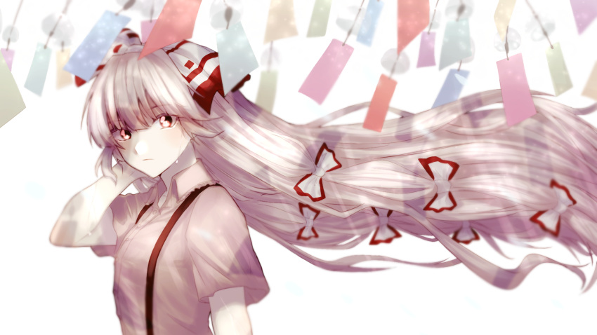 1girl :| bangs bow closed_mouth collared_shirt crying eyebrows_visible_through_hair fujiwara_no_mokou hair_bow hand_on_own_head highres long_hair red_eyes shirt short_sleeves solo somei_ooo suspenders teardrop touhou upper_body very_long_hair white_bow white_hair white_shirt wind_chime