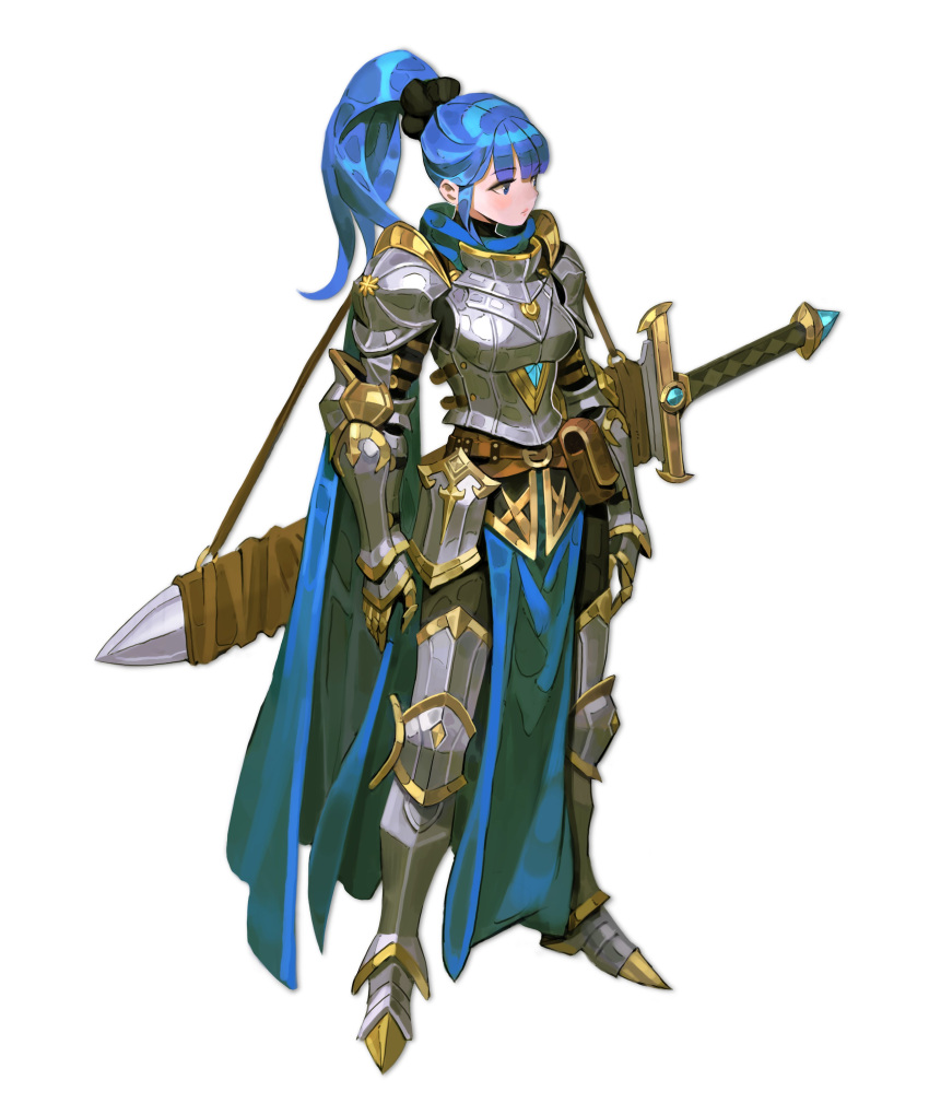 1girl absurdres armor armored_boots arms_at_sides arowana2111 belt_pouch blue_eyes blue_hair boobplate boots breastplate english_commentary fantasy full_body gauntlets highres huge_weapon knight long_hair original pelvic_curtain plate_armor ponytail pouch shoulder_armor solo standing sword weapon white_background