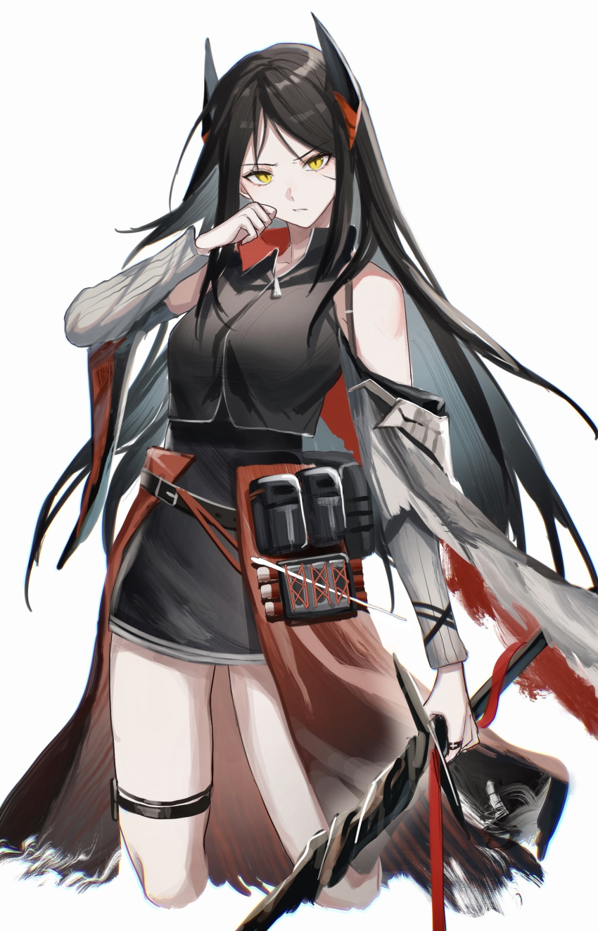 1girl absurdres arknights bangs bare_shoulders belt belt_buckle black_dress black_hair breasts buckle closed_mouth crop_top cropped_legs dress hand_up highres holding holding_sword holding_weapon horns ines_(arknights) large_breasts long_hair long_sleeves looking_at_viewer parted_bangs pouch simple_background solo standing sword thigh_strap v-shaped_eyebrows very_long_hair waist_cape weapon white_background yellow_eyes zuo_daoxing