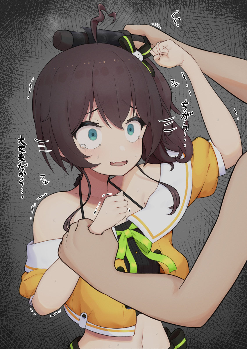 1boy 1girl absurdres ahoge black_ribbon blue_eyes bra_strap brown_hair crop_top fang grey_background hair_ribbon highres hololive kabedon long_hair lunch_boxer motion_lines natsuiro_matsuri navel off-shoulder_shirt off_shoulder open_mouth orange_shirt ribbon scared shirt side_ponytail skin_fang solo_focus tearing_up tears translation_request trembling upper_body virtual_youtuber wide-eyed wilted_ahoge