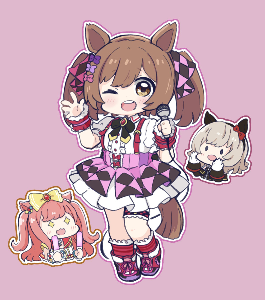 +_+ 3girls :d ;d agnes_digital_(umamusume) animal_ears black_bow black_jacket blush bow brown_eyes brown_hair center_frills chibi collared_shirt commentary_request cropped_torso curren_chan_(umamusume) dress ear_bow frilled_legwear frills gloves glowstick grey_hair hair_bow hands_up highres holding holding_microphone horse_ears horse_girl horse_tail jacket long_hair long_sleeves looking_at_viewer microphone multiple_girls nozo_(hitomiz) off-shoulder_jacket off_shoulder one_eye_closed outline pink_background pink_bow pink_hair pink_skirt pleated_skirt puffy_short_sleeves puffy_sleeves purple_bow purple_footwear red_bow red_legwear shirt shoes short_sleeves skirt sleeveless sleeveless_shirt sleeves_past_wrists smart_falcon_(umamusume) smile socks solid_oval_eyes striped striped_dress striped_legwear suspender_skirt suspenders tail teeth twintails two_side_up umamusume upper_body upper_teeth vertical-striped_dress vertical_stripes white_gloves white_outline white_shirt wrist_cuffs yellow_bow