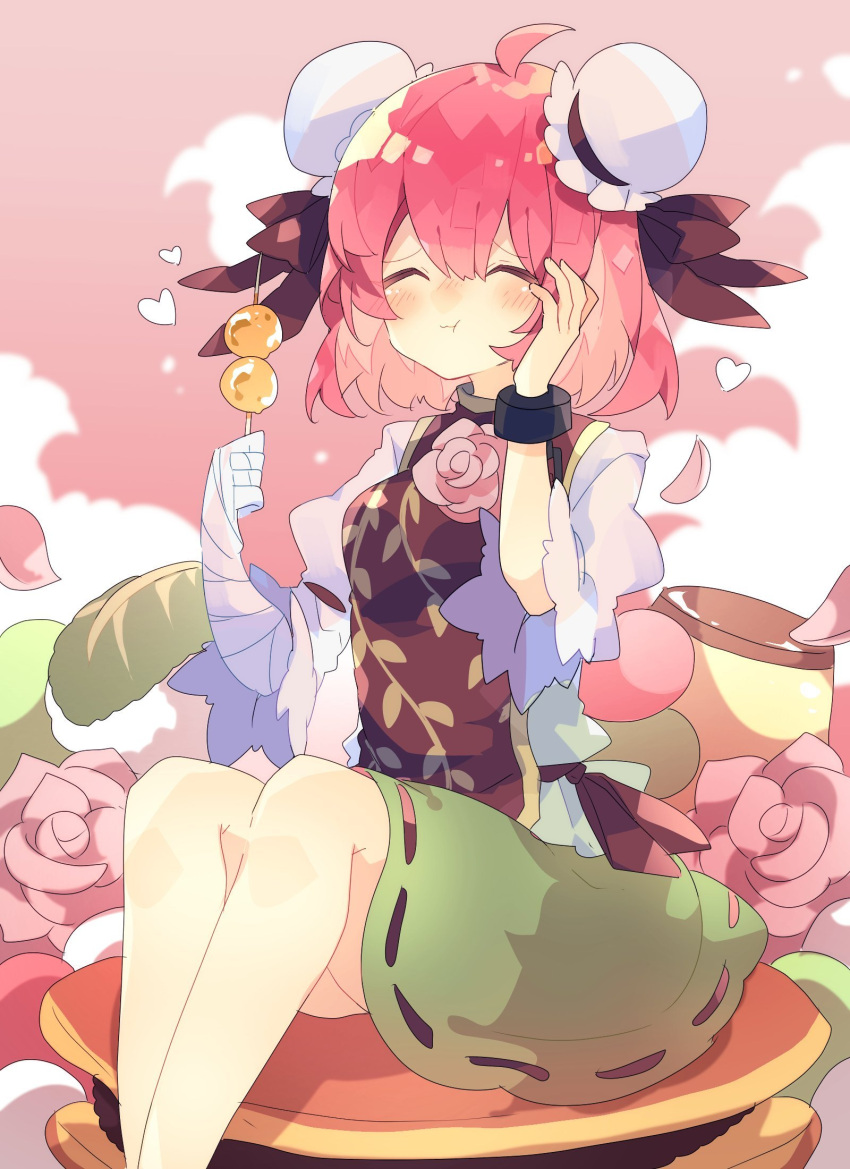 1girl ^_^ ahoge bandaged_arm bandages brown_ribbon brown_tabard bun_cover closed_eyes commentary dango double_bun eating floral_print flower food green_skirt hair_ribbon heart highres holding holding_food ibaraki_kasen leaf medium_hair nikorashi-ka petals pink_flower pink_hair pink_rose pudding puffy_short_sleeves puffy_sleeves ribbon rose shirt short_sleeves sitting skirt solo touhou wagashi white_shirt