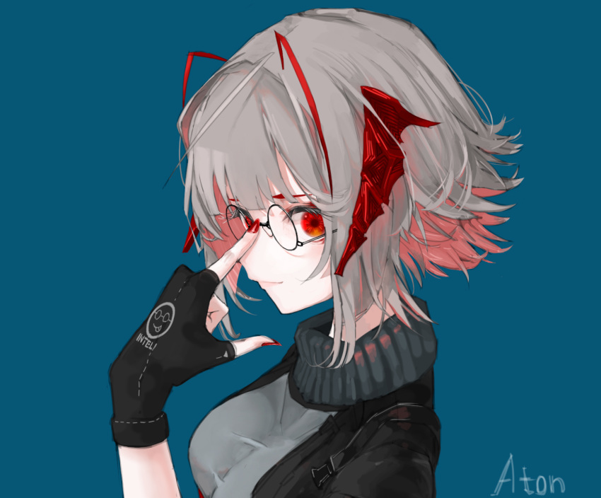 1girl adjusting_eyewear arknights artist_name aton_(atonaton12) bespectacled black_gloves black_jacket blue_background breasts closed_mouth fingerless_gloves fingernails glasses gloves grey_hair grey_shirt horns jacket long_fingernails looking_at_viewer looking_to_the_side medium_breasts multicolored_hair open_clothes open_jacket red_eyes red_nails redhead round_eyewear shirt short_hair simple_background smile solo two-tone_hair upper_body w_(arknights)