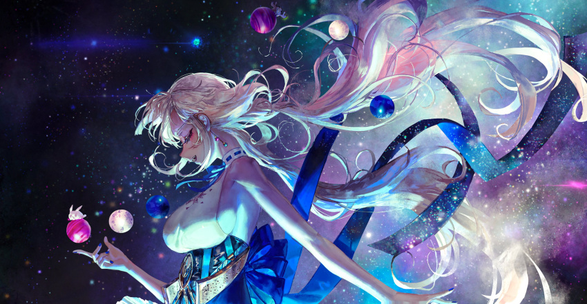 1girl absurdres blonde_hair blue_nails breasts closed_eyes dark-skinned_female dark_skin earrings hair_down highres hololive hololive_english jewelry kaniko_(tsukumo_sana) large_breasts long_hair planet quasarcake smile space star_(sky) tsukumo_sana twintails usaslug_(tsukumo_sana) very_long_hair virtual_youtuber