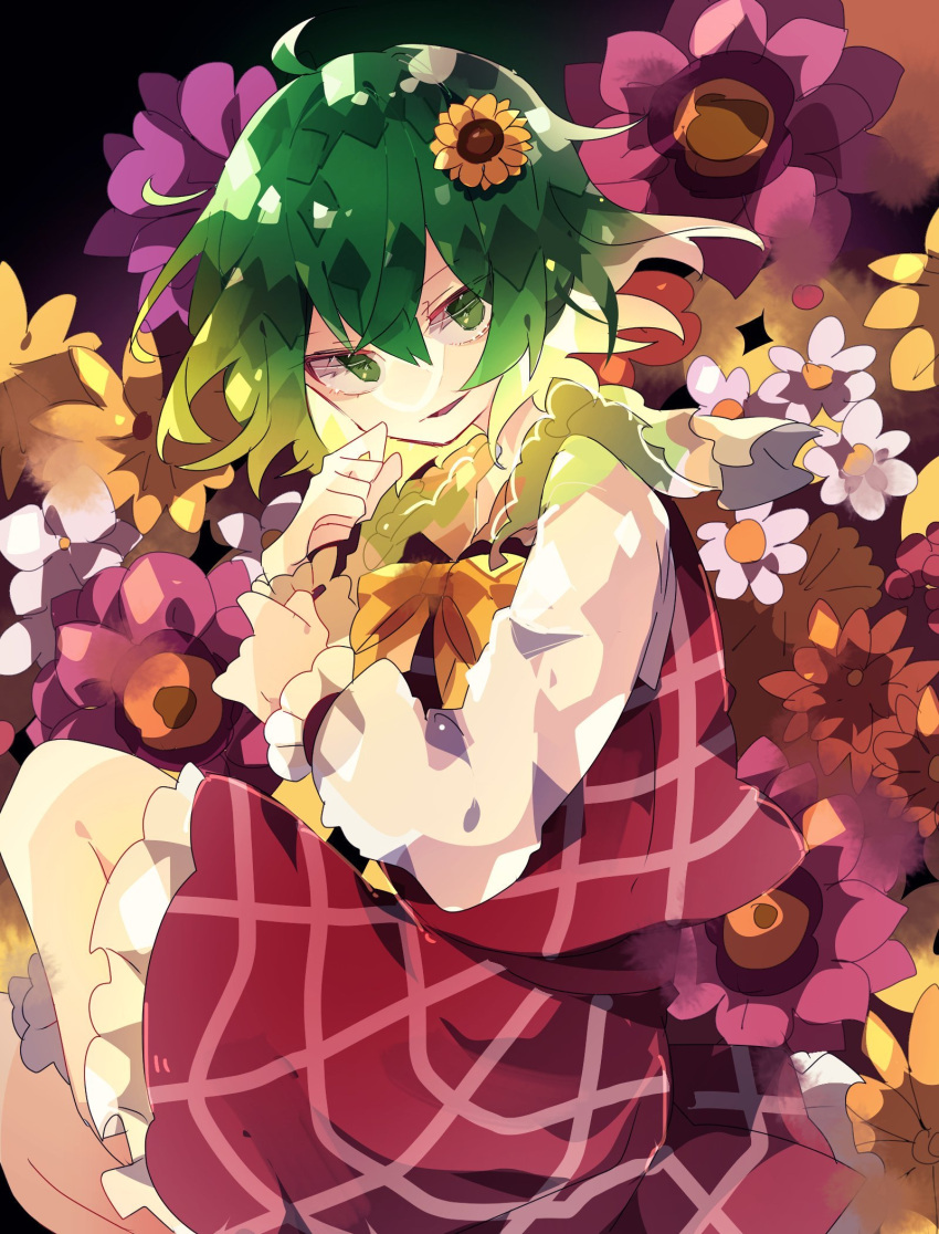 1girl ahoge bow bowtie commentary fetal_position flower green_hair hair_between_eyes hair_flower hair_ornament highres kazami_yuuka lying nikorashi-ka one-hour_drawing_challenge petticoat plaid plaid_skirt plaid_vest puffy_sleeves red_skirt red_vest shirt short_hair skirt smile solo sunflower touhou vest white_shirt yellow_bow