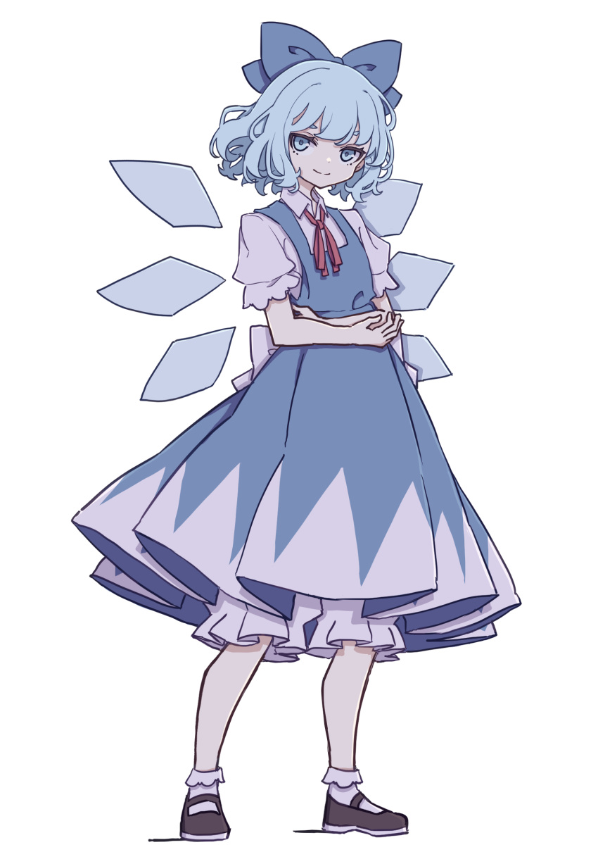 1girl blue_bow blue_dress blue_eyes blue_hair bow breasts brown_footwear cirno collared_shirt dress flat_chest hair_bow highres ice ice_wings kame_(kamepan44231) long_dress mary_janes neck_ribbon pinafore_dress puffy_short_sleeves puffy_sleeves red_ribbon ribbon shirt shoes short_hair short_sleeves simple_background small_breasts smile socks solo touhou white_background white_legwear white_shirt wings