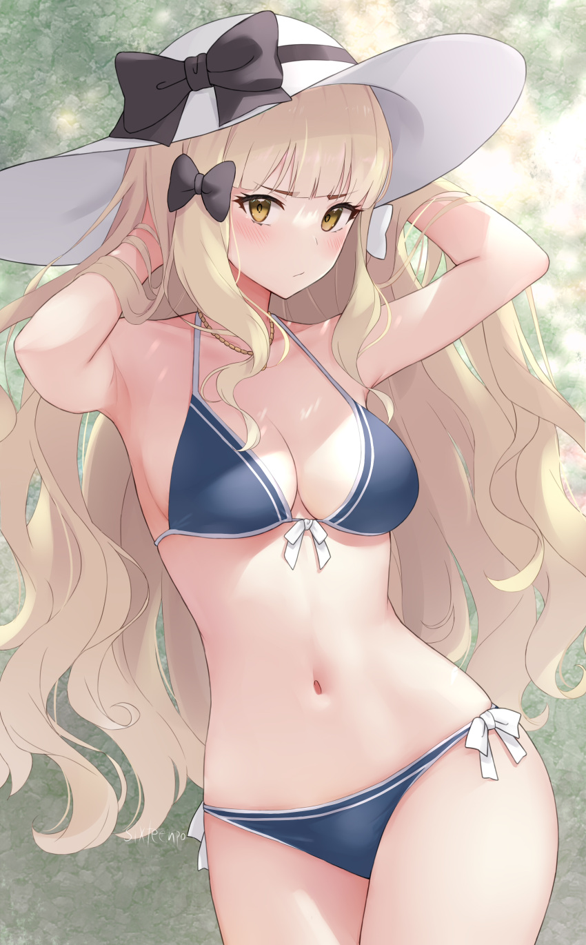 1girl absurdres arms_behind_head bikini black_bow blonde_hair blue_bikini blush bow breasts collarbone hair_bow hat highres jewelry looking_at_viewer medium_breasts navel necklace outdoors princess_connect! saren_(princess_connect!) saren_(real)_(princess_connect!) shade sixteenpo solo swimsuit white_bow white_headwear yellow_eyes