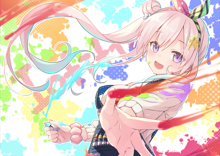 1girl airani_iofifteen hair_bun highres hololive hololive_indonesia long_hair overalls paint_splatter paint_tube palette_hair_ornament pink_hair scrunchie side_ponytail splatter_background star_(symbol) star_in_eye symbol_in_eye t_yakuri violet_eyes wrist_scrunchie