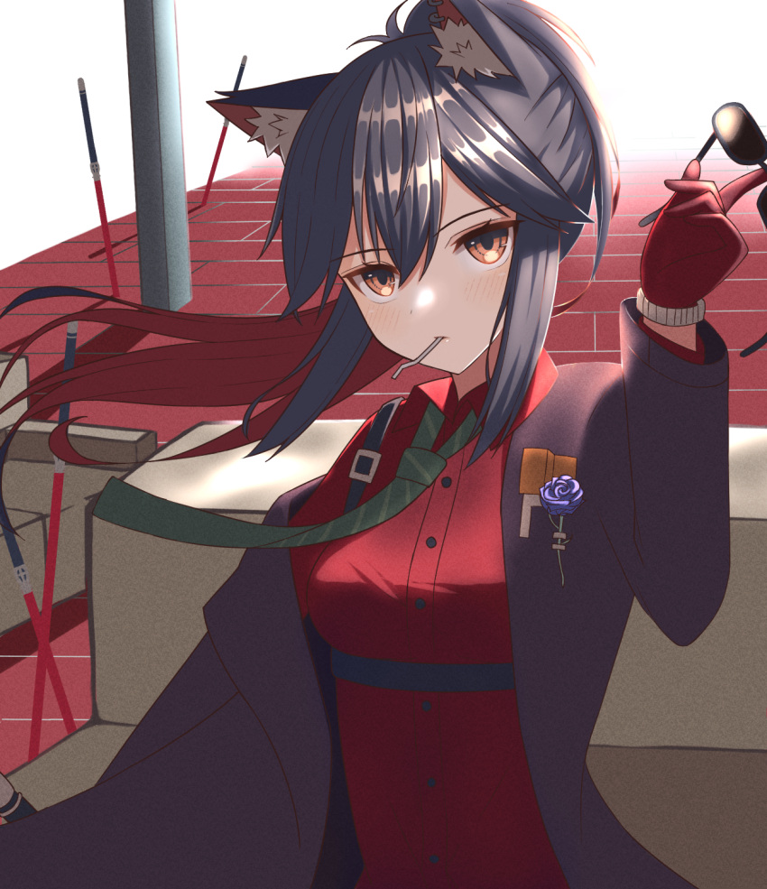 1girl animal_ear_fluff animal_ears arknights black_hair black_jacket blue_flower blue_rose chest_strap collared_shirt colored_inner_hair dress_shirt ear_piercing eyebrows_visible_through_hair floating_hair flower formal gloves green_necktie hair_between_eyes highres holding holding_eyewear jacket kuwan4971 lapel_flower looking_at_viewer mouth_hold multicolored_hair necktie official_alternate_costume open_clothes open_jacket piercing planted planted_sword red_gloves red_shirt redhead rose shirt sidelocks solo sunglasses sword texas_(arknights) texas_(willpower)_(arknights) upper_body watch watch weapon wolf_ears yellow_eyes