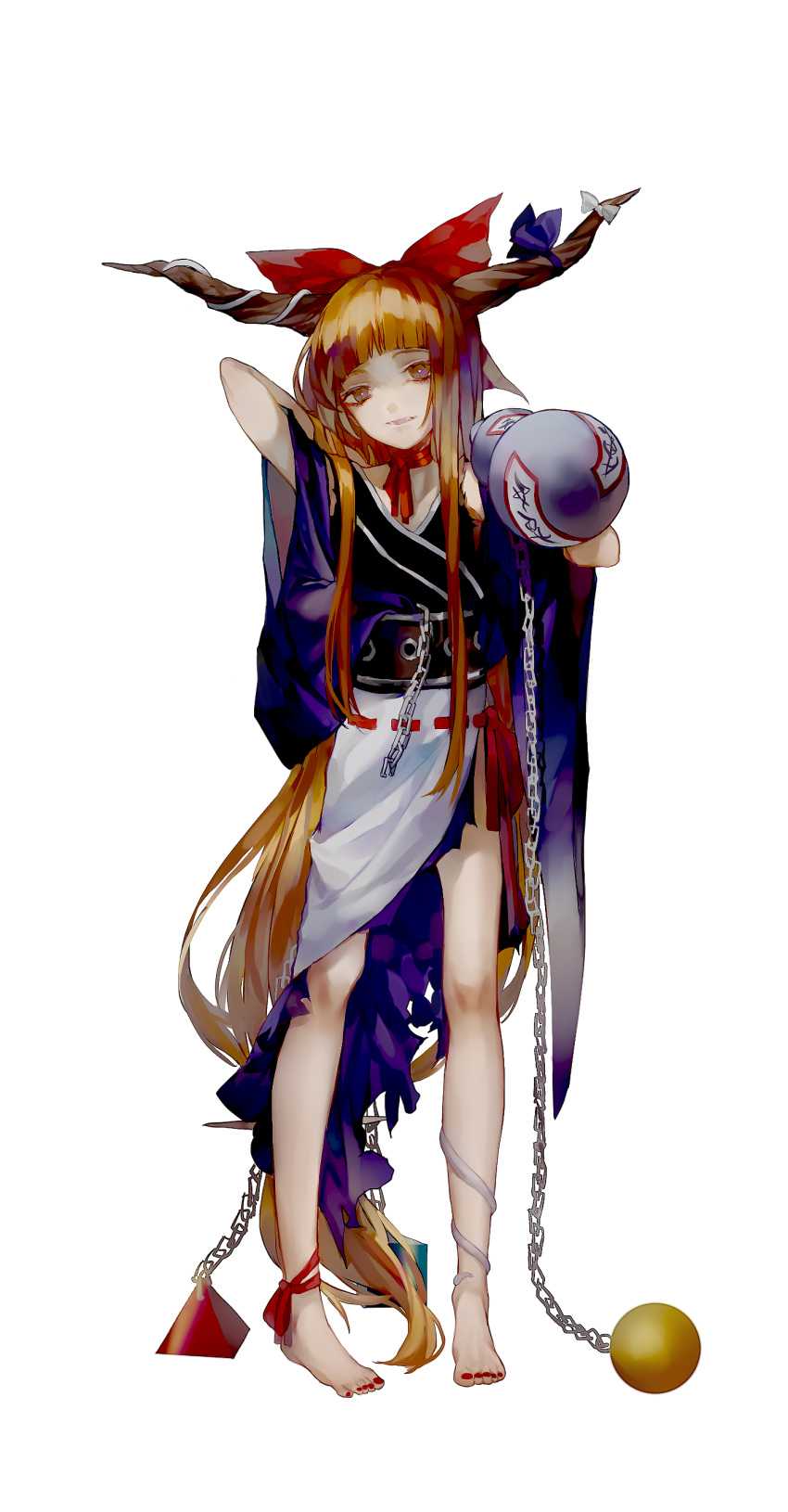 1girl absurdres ankle_ribbon arm_up bangs barefoot blunt_bangs bottle bow chain cui_(jidanhaidaitang) gourd hair_bow highres holding holding_bottle horns ibuki_suika japanese_clothes kimono leg_ribbon long_hair looking_at_viewer neck_ribbon obi orange_hair purple_kimono red_nails ribbon ribbon_trim sash sidelocks simple_background solo touhou very_long_hair white_background